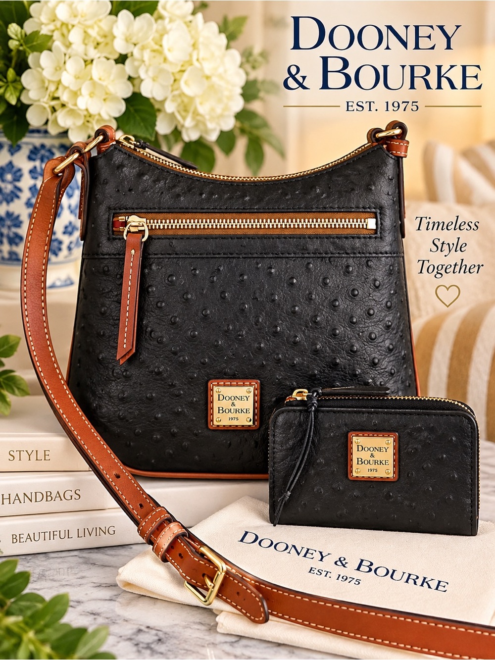 Dooney & Bourke Black Ostrich-Embossed Crossbody HOHO & WALLET SET NWT